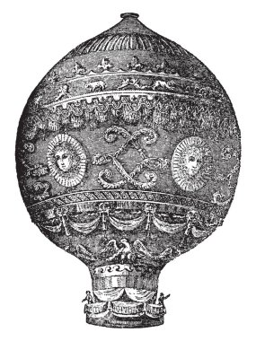 Montgolfier balonu Montgolfier kardeşler tarafından Joseph Michel ve Jacques Etienne, vintage çizgi çizme veya oyma illüstrasyon icat edilmiştir.