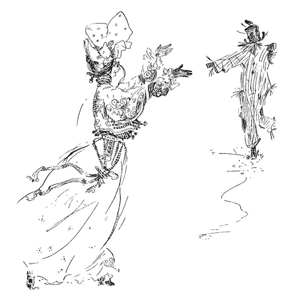 Een Vrouw Loopt Scarecrow Vintage Lijntekening Gravure Illustratie — Stockvector