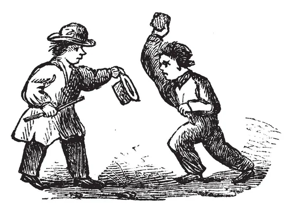 两个男人打架 一个人拿着帽子在手和另一个人提高摇滚 复古线条画或雕刻插图 — 图库矢量图片