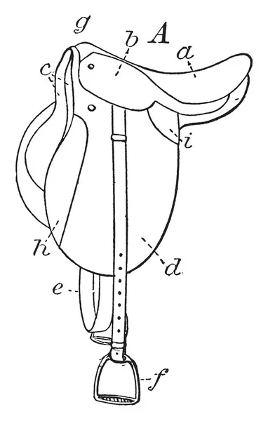 この図は 乗馬のサドルは ヴィンテージの線画やイラストを彫刻の一種である英語の乗馬のサドル — ストックベクタ