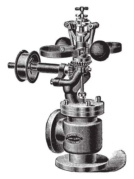 此插图代表了水泉调速器的外部视图 用于通过关闭和打开阀门 复古线条绘图或雕刻插图来调节燃料 — 图库矢量图片