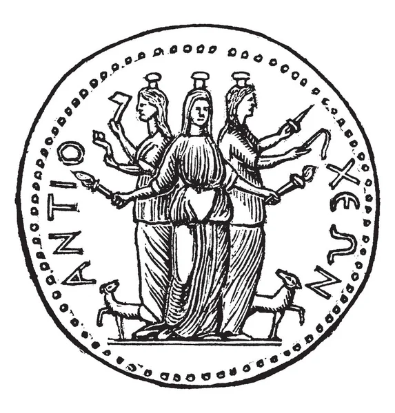 Медаль Антіохії Яка Складається Трьох Богині Vintage Штриховий Малюнок Або — стоковий вектор