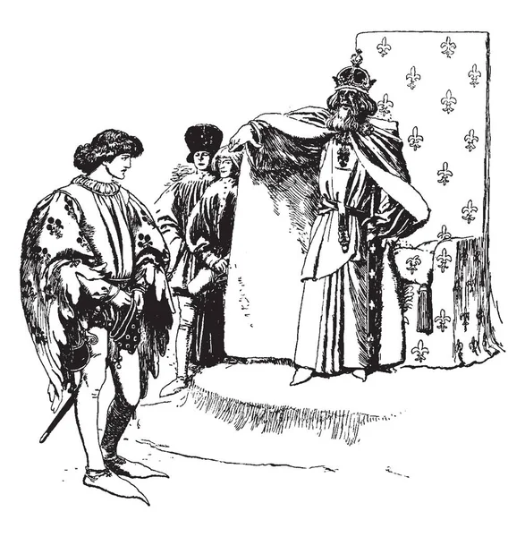 Król Korony Stojący Pobliżu Krzesło Wskazując Młody Człowiek Który Stoi — Wektor stockowy