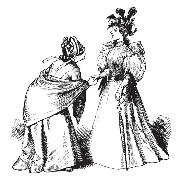 Dos Mujeres Estrechando Las Manos Dibujo Línea Vintage Ilustración Grabado — Archivo Imágenes Vectoriales