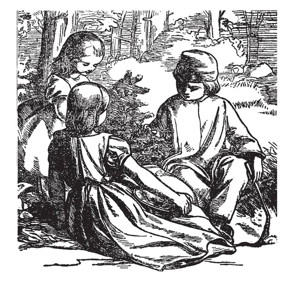 Die Tanne Diese Szene Zeigt Drei Kinder Die Neben Baum — Stockvektor