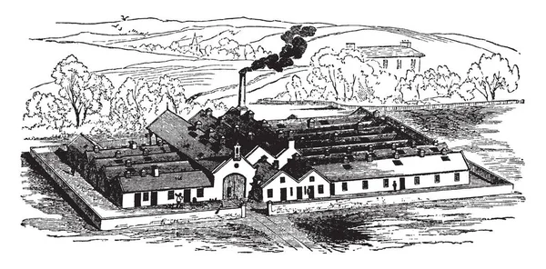 Bu resimde ağaçların çiftlik evi, vintage çizgi çizme veya oyma resimde arka tarafında mevcuttur.