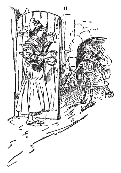 Sürahi ve kapı ve seyir bir elf, arka plan, vintage çizgi çizme veya oyma illüstrasyon şömine masada taşıyan bir kız