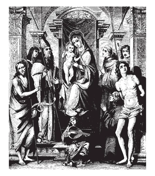 Die Jungfrau Die Mit Heiligen Auf Dem Thron Thront Gilt — Stockvektor