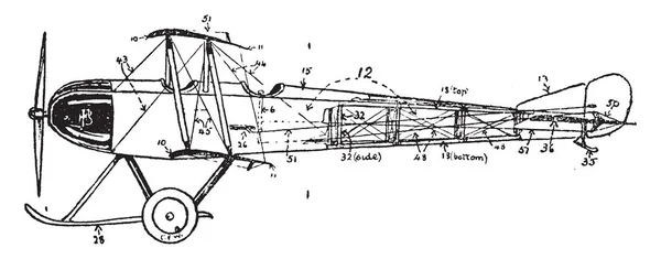 螺旋桨飞机侧计划该计划显示了正确的肋骨和骨架的机翼和后侧的飞机 复古线条画或雕刻插图 — 图库矢量图片