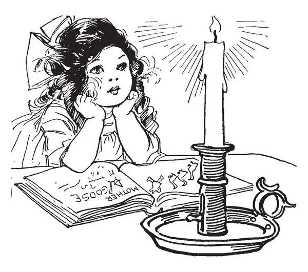 Kız Mum Kitap Alev Işık Öğrenci Çalışma Balmumu Vintage Çizgi — Stok Vektör