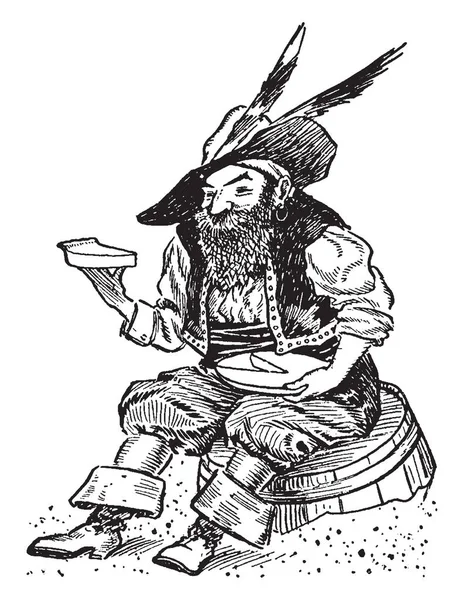 Pirata Seduto Barile Mangiare Torta Disegno Linea Vintage Incisione Illustrazione — Vettoriale Stock