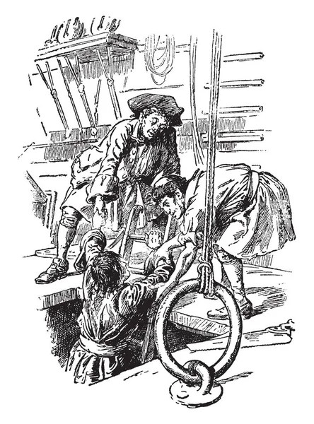格列佛爬出来 这个场景显示船员和船长给一个男人帮助他从他的箱子 梯子的帮助下 复古线条画或雕刻插图 — 图库矢量图片