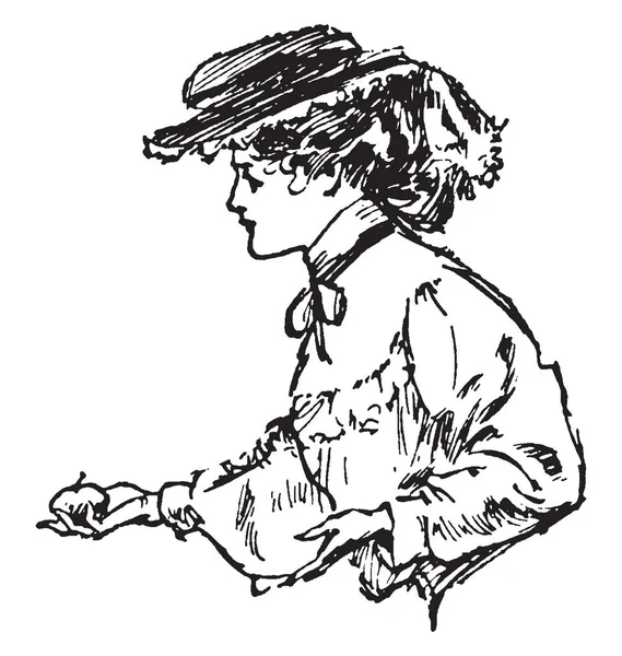 Una Mujer Con Sombrero Sosteniendo Manzana Mano Dibujo Línea Vintage — Vector de stock