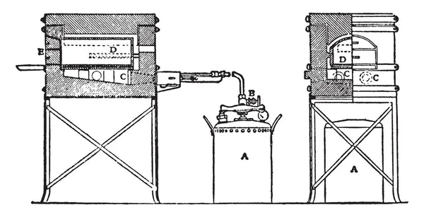 此插图表示用于退火硬化和回火 复古线条绘制或雕刻的自动油泥炉 — 图库矢量图片