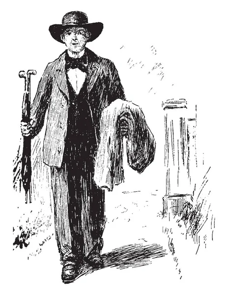 Ein Mann Anzug Mit Regenschirm Und Mantel Vintage Linienzeichnung Oder — Stockvektor