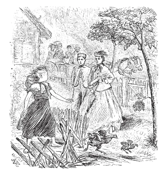 一个年轻女孩追逐松散的鸡和其他人在背景 复古线条画或雕刻插图 — 图库矢量图片