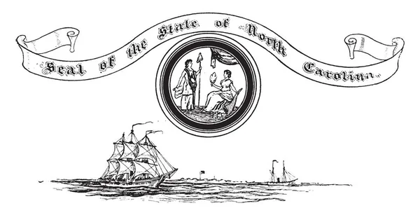 美国的北卡罗来纳州印章有两艘船 这枚印章有两个女性的身影互相看 一个女的坐在角上拿着一只手的颗粒 复古的线条画或雕刻插图 — 图库矢量图片