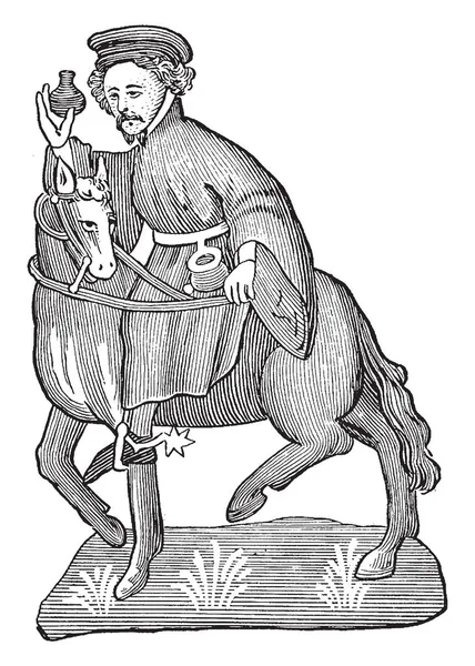 チョーサーのカンタベリー物語から賄方 馬に乗って ビンテージの線描画や彫刻イラストの容器型材料を保持 賄方の図 — ストックベクタ