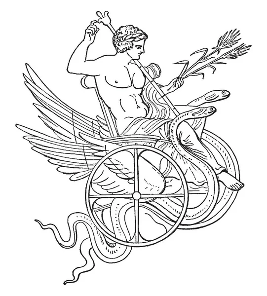男の像は この図では 彼は馬車に座っていると草は 手と肩に棒を持っています 自分の二輪馬車の車輪が二匹の蛇 ビンテージの線描画や彫刻イラスト — ストックベクタ