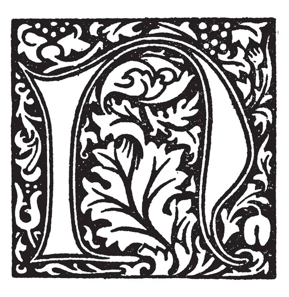 Bokstaven Med Leaf Design Vintage Linje Ritning Eller Gravyr Illustration — Stock vektor