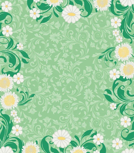 Vintage davetiye süslü zarif retro soyut çiçek tasarım, beyaz ve sarı çiçek ve açık yeşil renkli metin etiketi ile yeşil yapraklarda. Vektör çizim.