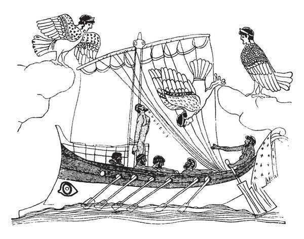 An ancient picture of Ulysses, Greek king of Ithaca and hero, passing the Sirens. The picture represents the Sirens as birds with heads of maidens, vintage line drawing or engraving illustration.