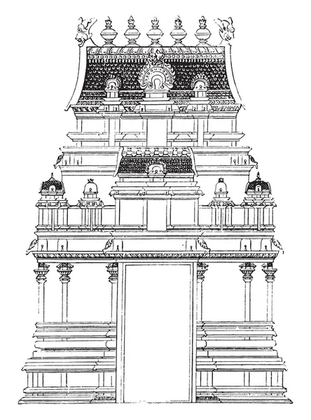 Pirámide Puerta Gopura Hindú India Pirámide Templo Dibujo Línea Vintage — Archivo Imágenes Vectoriales