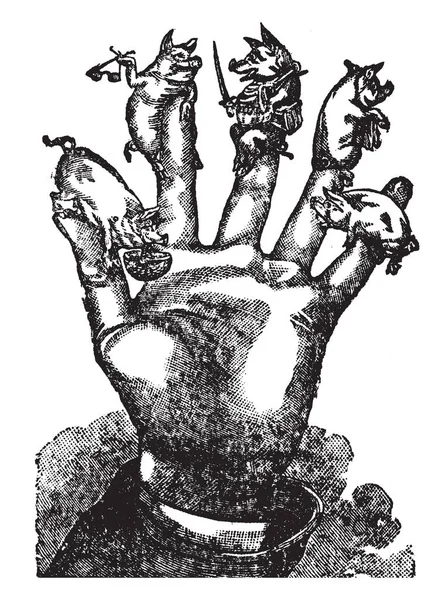 猪和市场 这张图片显示的是五头猪的五指手 猪有篮子 眼镜和剑 复古线画或雕刻插图 — 图库矢量图片