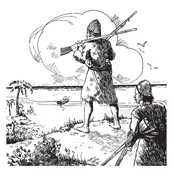 ビンテージの線描画や彫刻イラストでボートで海岸に 木の近くの別の 人を見て銃を持った二人の男 — ストックベクタ