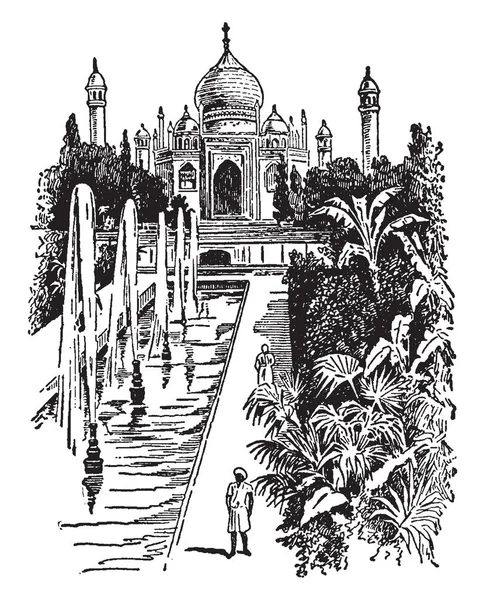 タージ マハルは彼のお気に入りの妻 ビンテージの線の描画や彫刻イラストへのシャージェハンによるインドのアグラに建立された有名な廟 — ストックベクタ