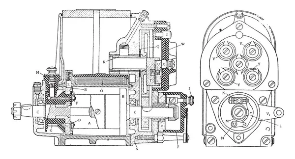 Dixie Silinder Magneto Menunjukkan Konstruksi Dan Koneksi Gambar Garis Vintage - Stok Vektor