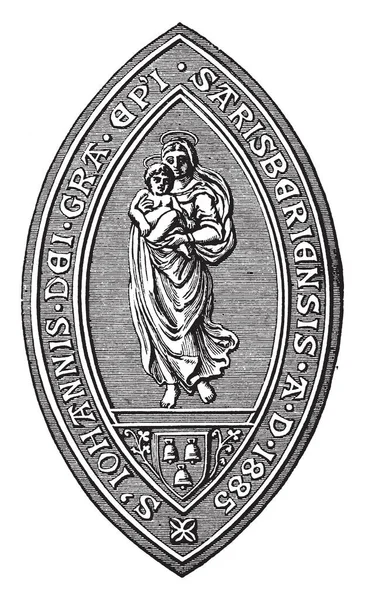 ソールズベリーの司教のシール 天使が彼女の腕の中で小さな赤ちゃんを握るがあるし ビンテージの線描画や彫刻イラストに三つの鐘 — ストックベクタ