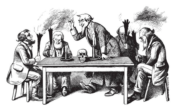 Пятеро мужчин сидят за столом и держат факелы, рисуют винтажные линии или гравируют иллюстрации
