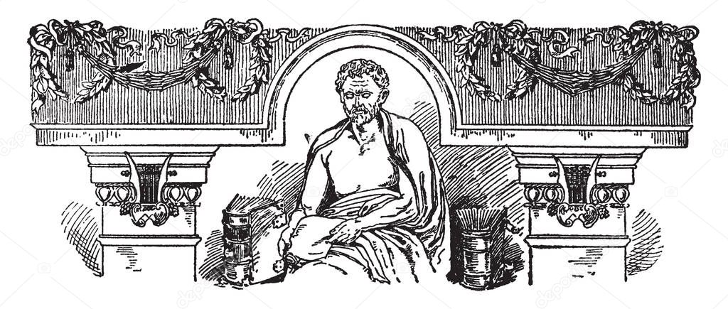 Demosthenes, 384-322 BC, he was a Greek statesman and orator of ancient Athens, vintage line drawing or engraving illustration