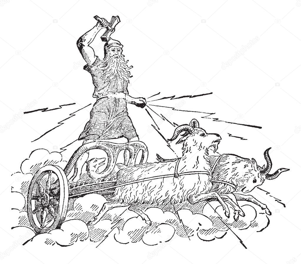 Thor riding his brass chariot drawn by his goats, Tooth-cracker and Tooth-gnasher. He is seen carrying his red hot iron hammer. Thor is believed to be the Norse god of thunder, vintage line drawing or engraving illustration.