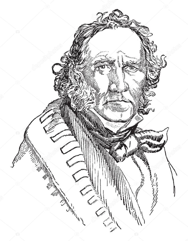 Sam Houston, 1793-1863, he was an American soldier, politician, seventh governor of Texas, first president of Texas, and United States senator from Texas, vintage line drawing or engraving illustration