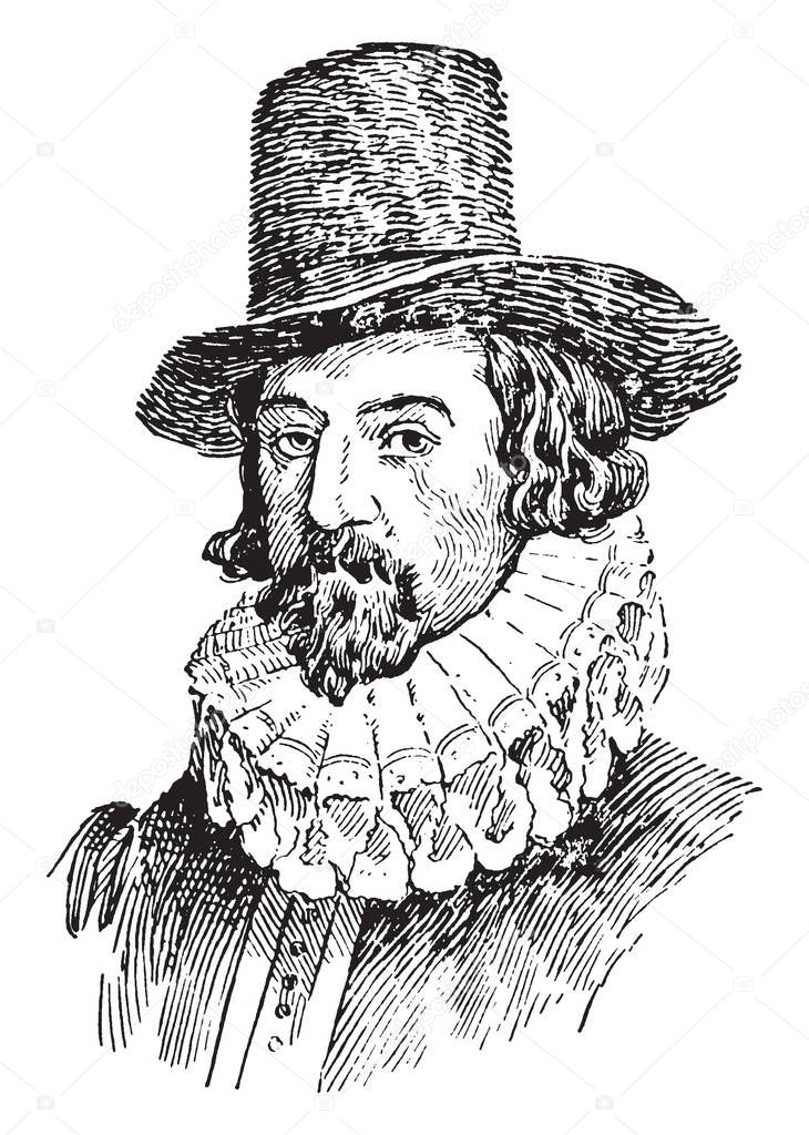 Lord Francis Bacon, 1561-1626, he was an English philosopher, author, statesman and scientist, famous for his promotion of the scientific method, vintage line drawing or engraving illustration