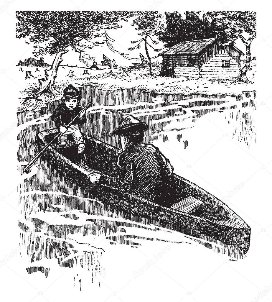 Pioneer, this scene shows a man and little boy in boat in the water, and boy driving boat with oar, house in background, vintage line drawing or engraving illustration