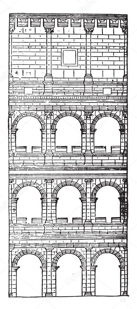 Section and elevation of the Colosseum, completed under Titus, vintage engraved illustration. Industrial encyclopedia E.-O. Lami - 1875