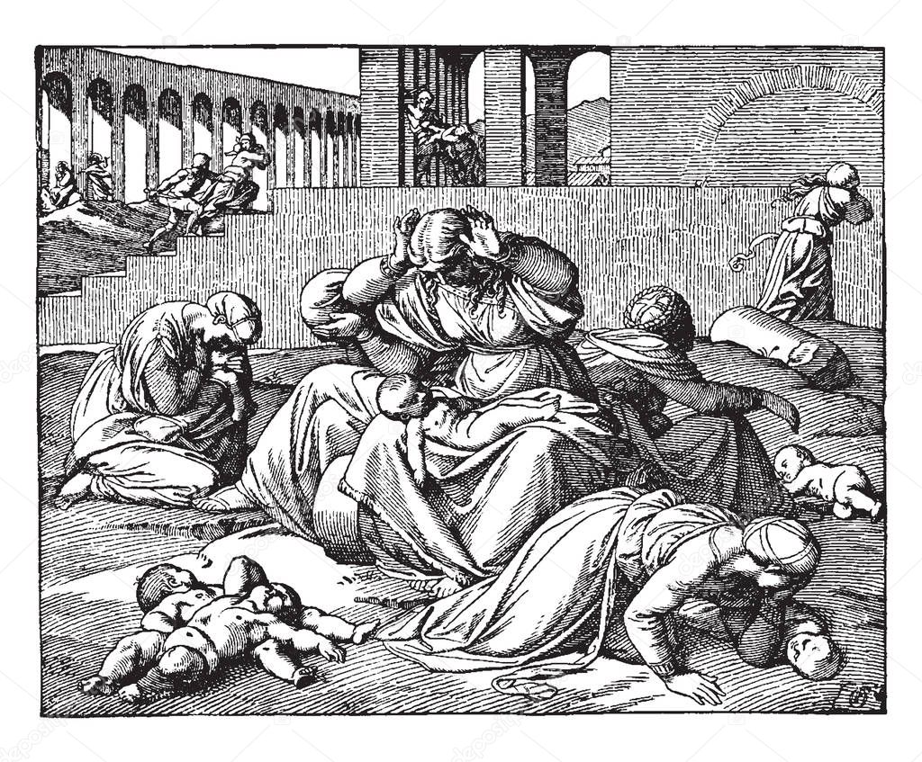 Killing the Male Children under the Age of Two, this scene shows two men killing babies in background, a dead baby on woman's lap & dead babies on ground, vintage line drawing or engraving illustration, vintage line drawing or engraving illustration
