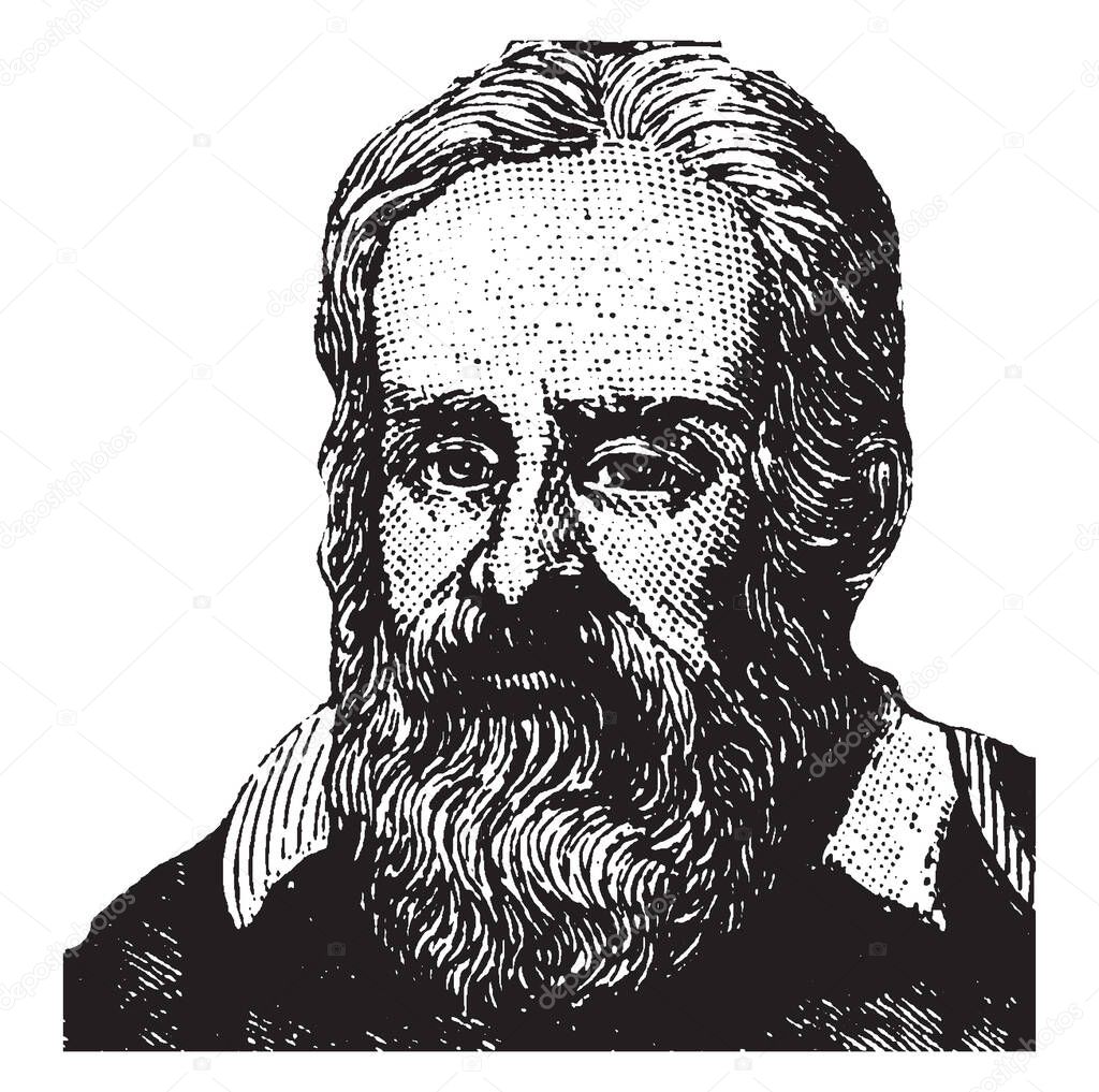 Galileo, 1564-1642, he was an Italian polymath, astronomer, physicist, engineer, philosopher, and mathematician who was one of the great creators of experimental science, vintage line drawing or engraving illustration