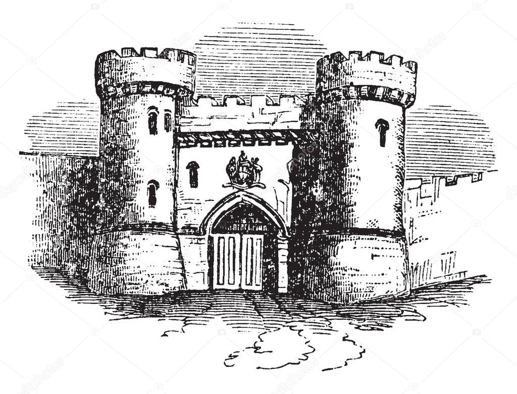 Barbican, castle, drawbridge, Fortify, Watchtower, vintage line drawing or engraving illustration