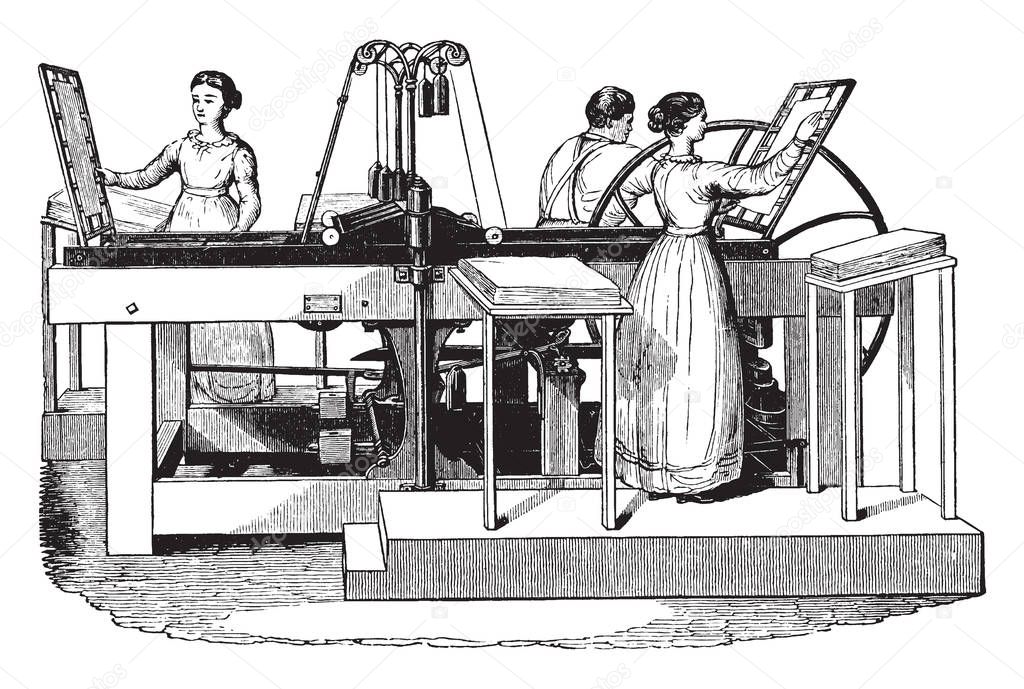 This illustration represents Treadwell Platen Printing Press, vintage line drawing or engraving illustration.