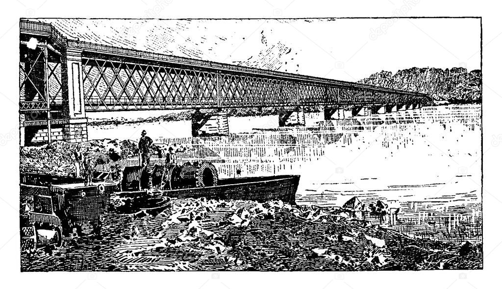 Truss bridge, road and rail, to Viana, Portugal, vintage engraved illustration. Industrial encyclopedia E.-O. Lami - 1875.