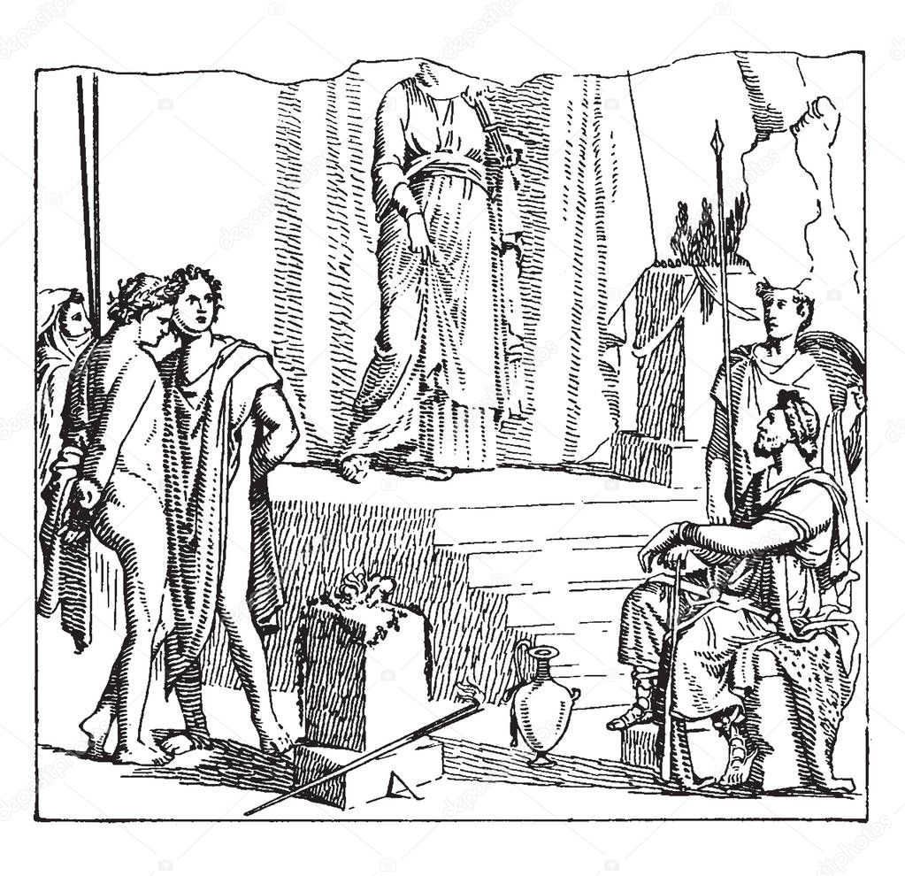 An ancient picture of Orestes and Pylades standing in front of the King of the Tauri, vintage line drawing or engraving illustration.