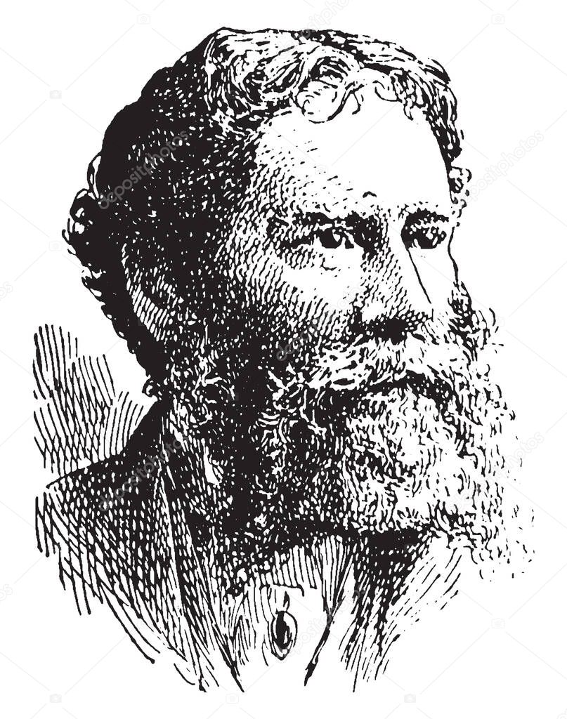 James Russel Lowell, 1819-1891, he was an American romantic poet, critic, editor, and diplomat, vintage line drawing or engraving illustration