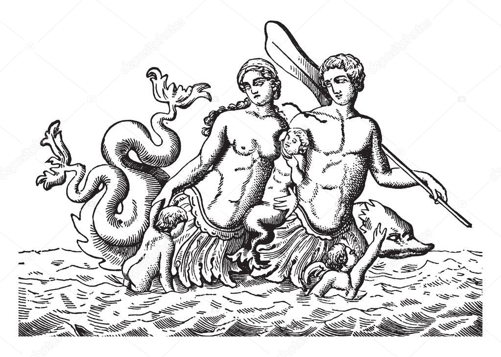 An ancient picture of Triton. Triton was the son of Neptune and Amphitrite, and the poets made him the trumpeter of his father. Proteus was also a son of Neptune, vintage line drawing or engraving illustration.