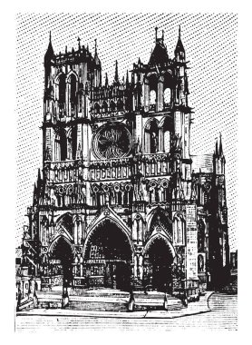 Ameins Katedrali, açık, kilise, Amiens Our Lady, Roma Katolik Katedrali, vintage çizgi çizme veya oyma illüstrasyon görüntülemek.