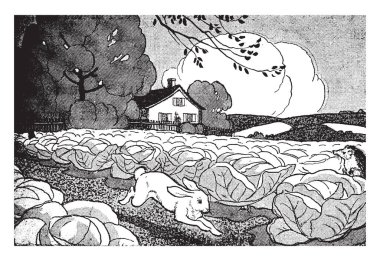 Tavşan, bu sahne grubu, bir ev, dağlar, bulutlar ve ağaçlar arka plan, vintage çizgi çizme veya oyma illüstrasyon çalıştıran bir tavşan gösterir.