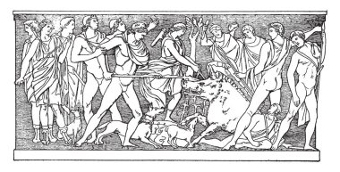 An ancient picture of Meleager who took a leading role in killing the boar during what became known as the Calydonian Boar Hunt which lead to his death, vintage line drawing or engraving illustration. clipart